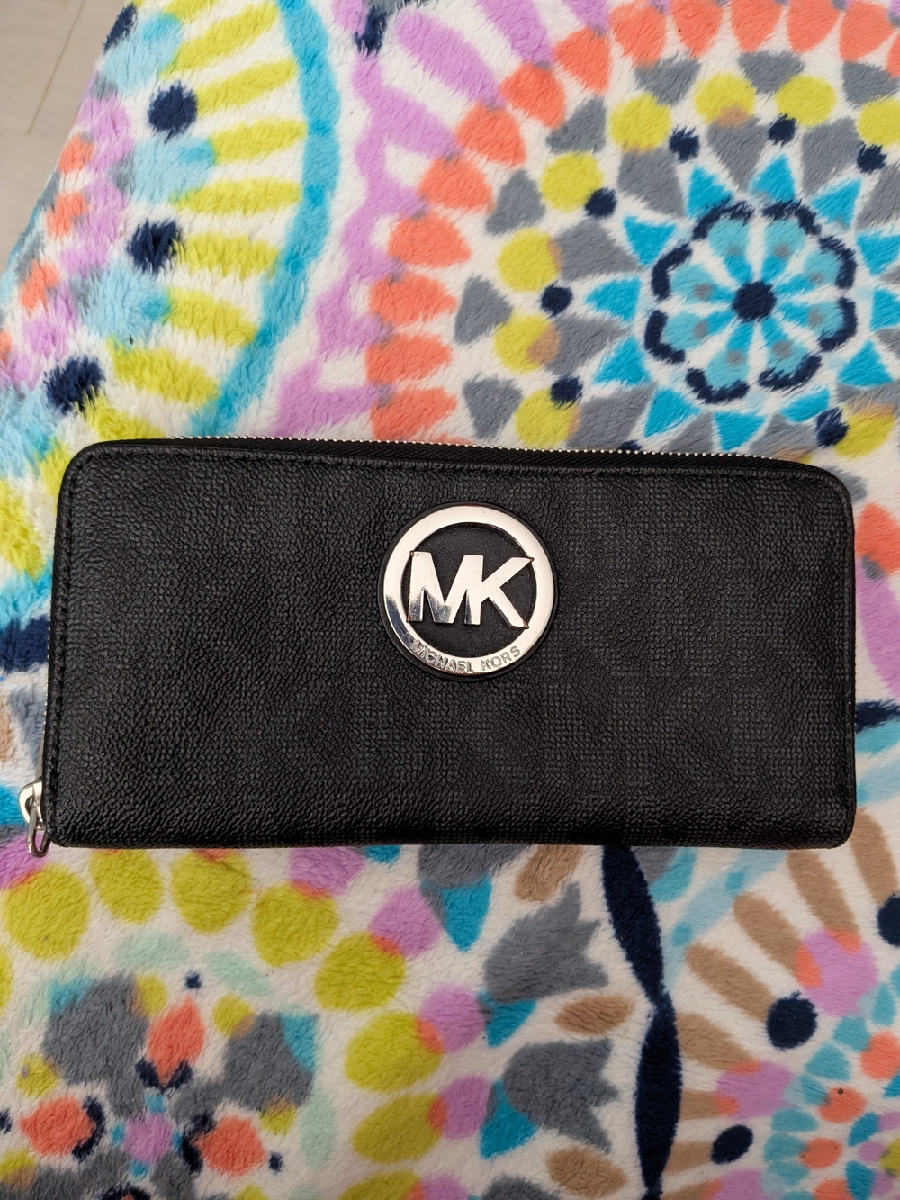 Michael Kors Black Zip-Around Wallet with Silver MK Logo